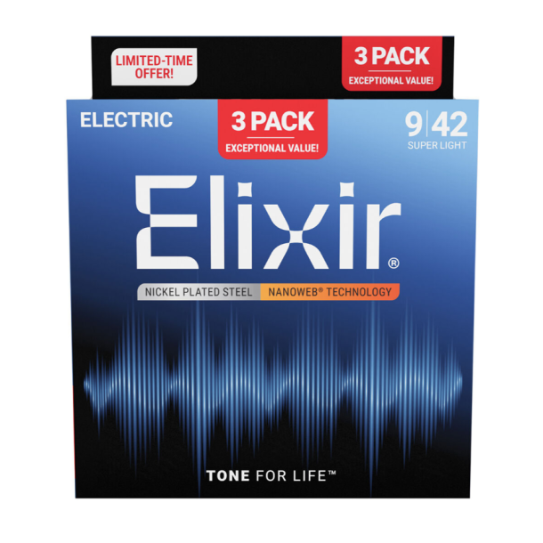 Elixir Nanoweb Electric Nickel Plated Steel 16566 3 Pack Super Light 9-42